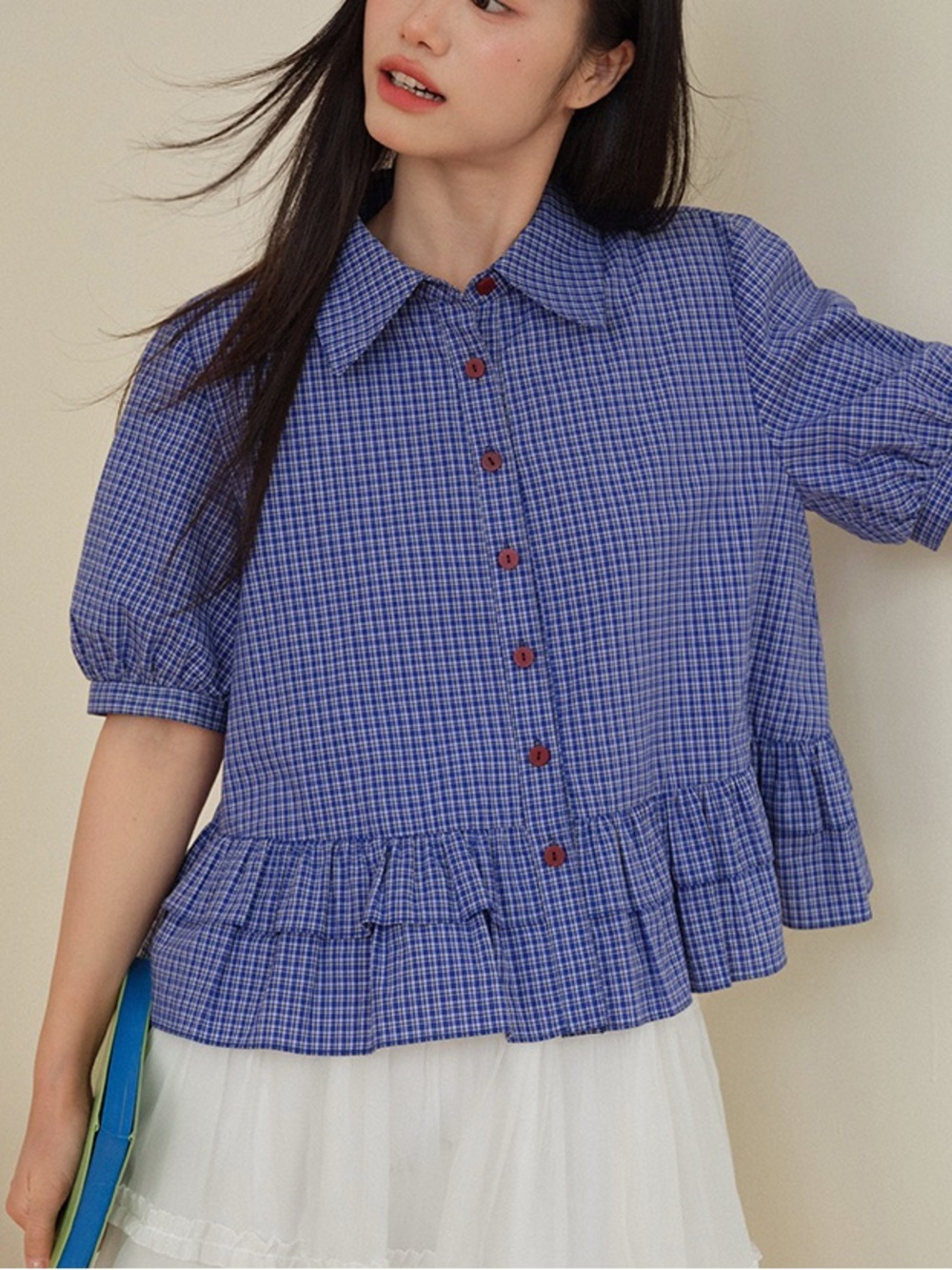 KUOSE Blue Check Peplum Button-Front Blouse